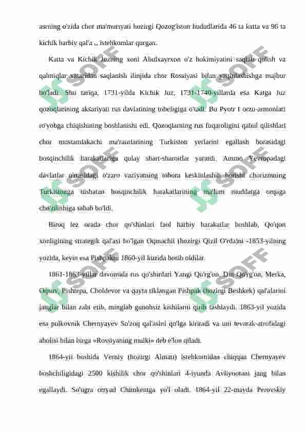 Chor Rossiyasining istilosi va mustamlakachilik tizimining o'rnatilishi 5