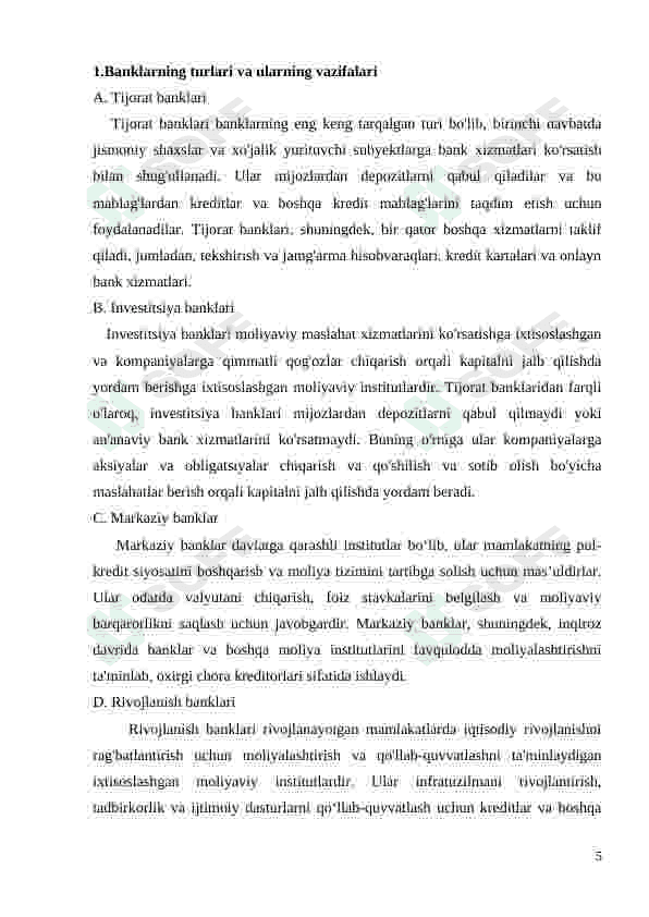 Bank turlari, Banklar tizimi 5