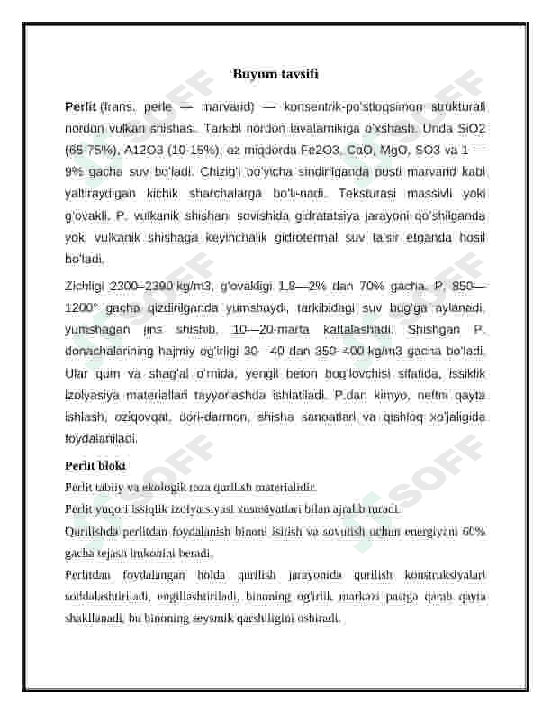 Yillik unumdorligi 800 ming m3 bo’lgan  issiqlik saqlovchi Perlitbloklar  ishlab chiqarish texnalogiyasini loyihalash 5