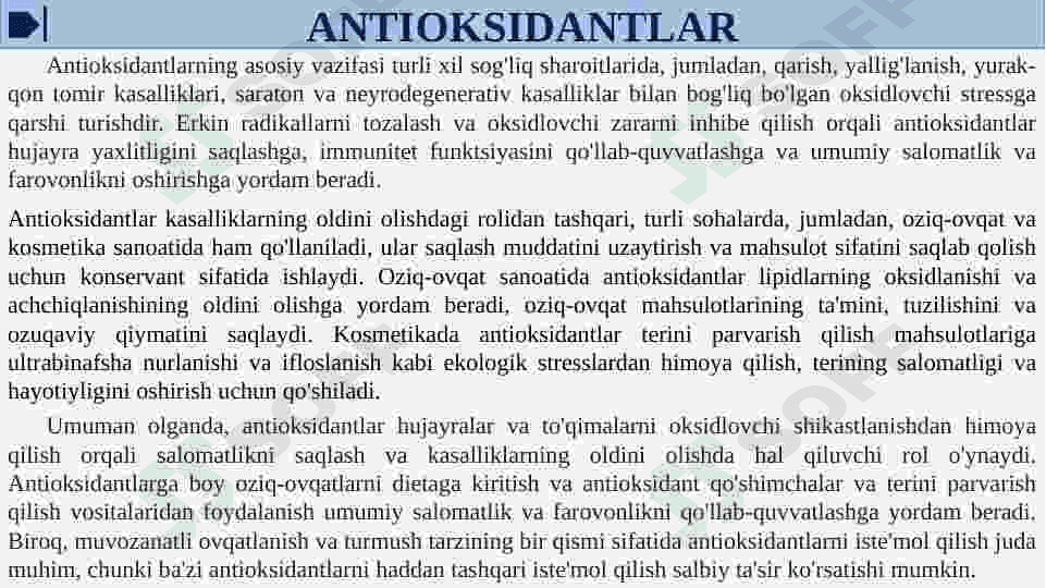 ANTIOKSIDANTLAR. ULARNING KLINIKADA QO'LLANILISHI 5