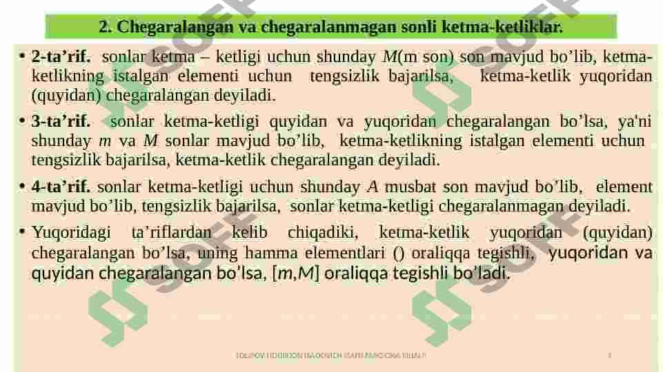 Sonli ketma-ketlik tushunchasi.  Ketma-ketlikning limiti. Funksiya  tushunchasi. Funksiya limiti. Funksiya limitini hisoblash. 5