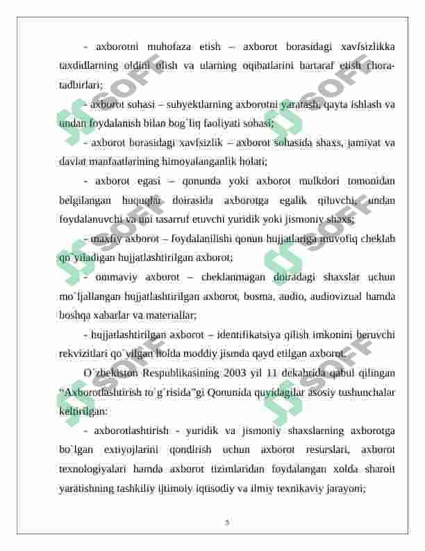 O'zbekiston Respublikasida ma'lumotlarni himoyalashning meyoriy-huquqiy va qonunchilik asoslari 5