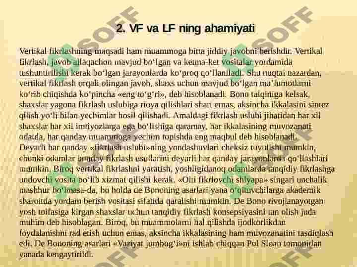 «VERTICAL THINKING» (VERTIKAL FIKRLASH) VA «LATERAL THINKING» (LATERAL FIKRLASH) 6