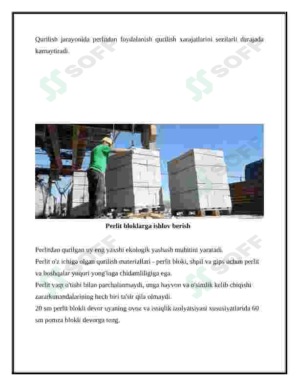 Yillik unumdorligi 800 ming m3 bo’lgan  issiqlik saqlovchi Perlitbloklar  ishlab chiqarish texnalogiyasini loyihalash 6