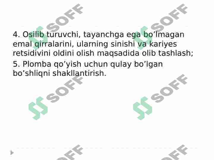 BLEK BO’YICHA 1 SINFLI KARIOZ KOVAKLARNI RESTAVRATSIYA QILISH 6