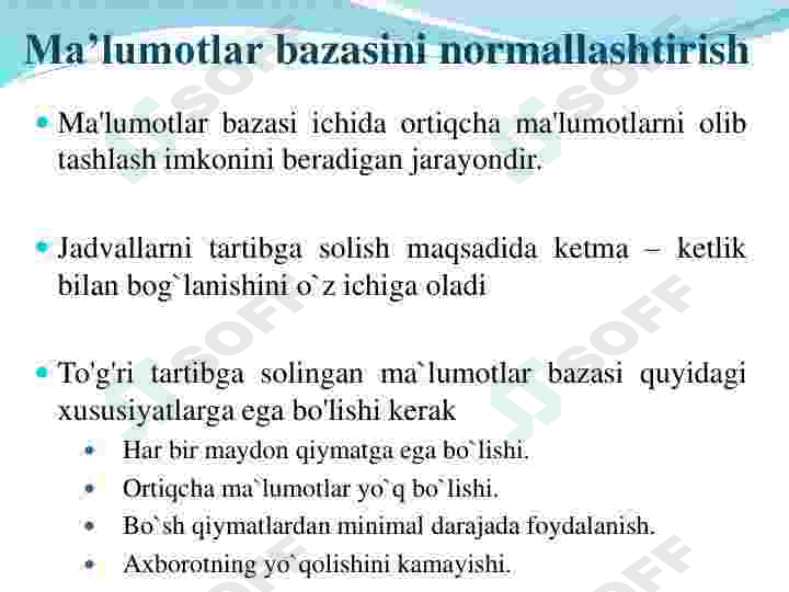 Ma‘lumotlar bazasini normallashtirish va 1NF, 2NF, 3NF va Kodd normal formalari. 6