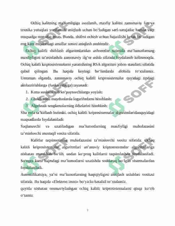 Ochiq kalitli shifrlash algoritmlari dasturiy modulini ishlab chiqish 7