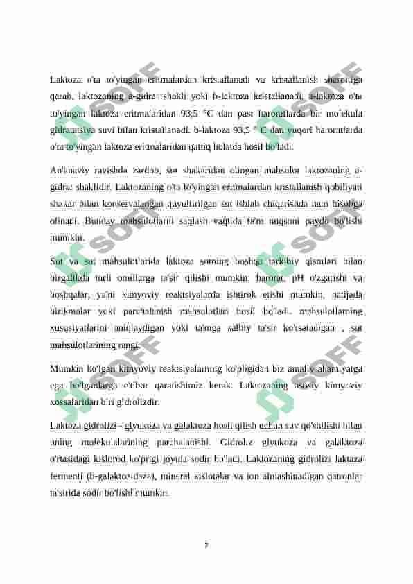 Laktoza tuzilishi va kimyoviy xossalari 7