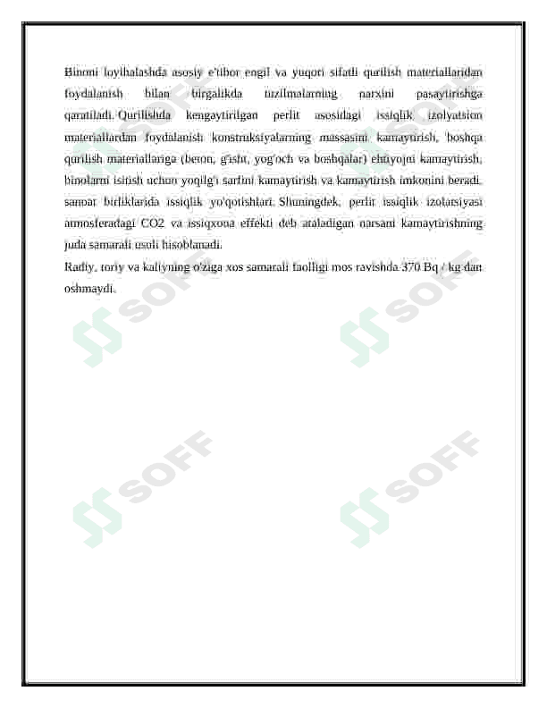 Yillik unumdorligi 800 ming m3 bo’lgan  issiqlik saqlovchi Perlitbloklar  ishlab chiqarish texnalogiyasini loyihalash 8