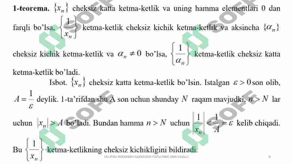 Sonli ketma-ketlik tushunchasi.  Ketma-ketlikning limiti. Funksiya  tushunchasi. Funksiya limiti. Funksiya limitini hisoblash. 8