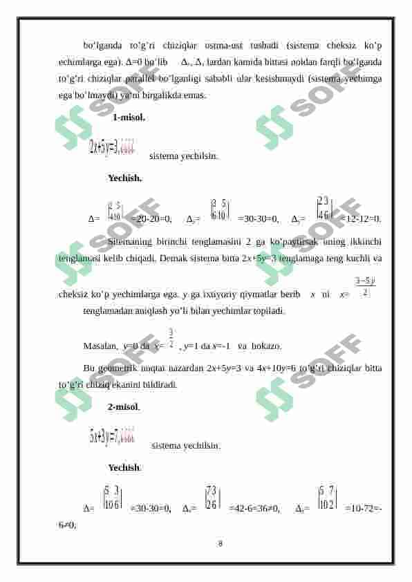 Chiziqli tenglamalar sistemasini yechishning Kramer, Gauss va matritsalar usuli 8