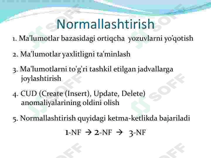 Ma‘lumotlar bazasini normallashtirish va 1NF, 2NF, 3NF va Kodd normal formalari. 8