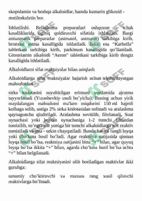 Tarkibida alkoloid saqalagan o’simliklar, ularni turlari 8