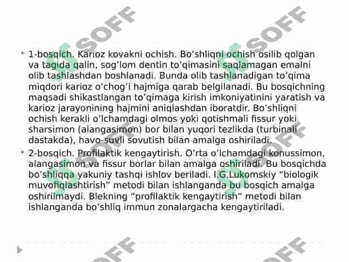 BLEK BO’YICHA 1 SINFLI KARIOZ KOVAKLARNI RESTAVRATSIYA QILISH 8