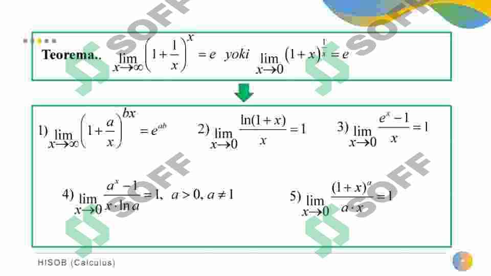 1- VA 2-AJOYIB LIMITLAR. EKVIVALENT CHEKSIZ KICHIK FUNKSIYALAR VA ULARNI TAQQOSLASH. FUNKSIYANING UZLUKSIZLIGI. UZILISH NUQTALARI VA ULARNING TURLARI 8