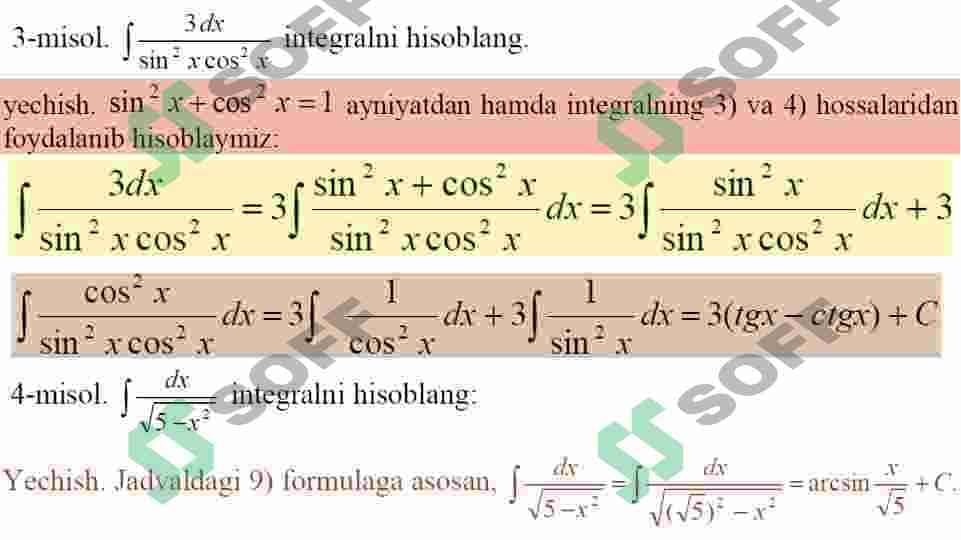 Boshlang‘ich funksiya va aniqmas integral. Integrallash usullari. 8