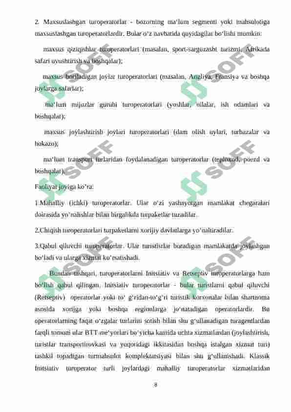Turoperatorlik faoliyati haqida tushuncha 8