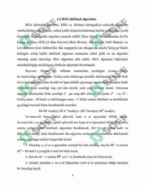Ochiq kalitli shifrlash algoritmlari dasturiy modulini ishlab chiqish 8