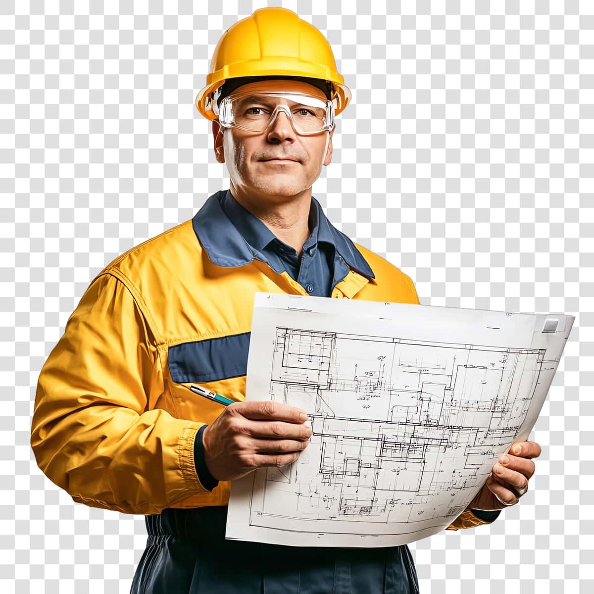 Portret muhandisi chizmani ushlab turgan sariq shlyapa xavfsizlik ko'zoynagi | Portrait engineer hard yellow hat safety glasses holding blueprint 1