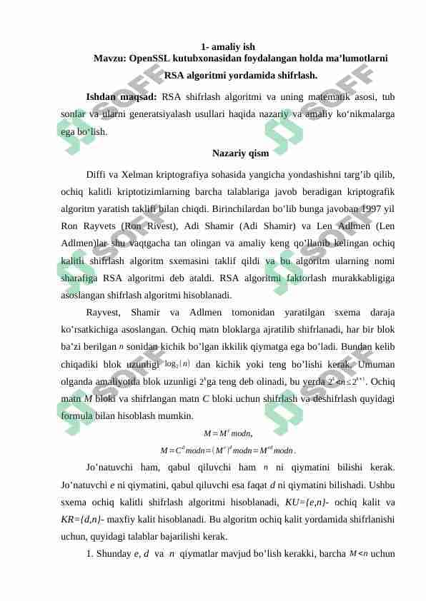 Kriptografiyadan 1 - amaliy ish 1