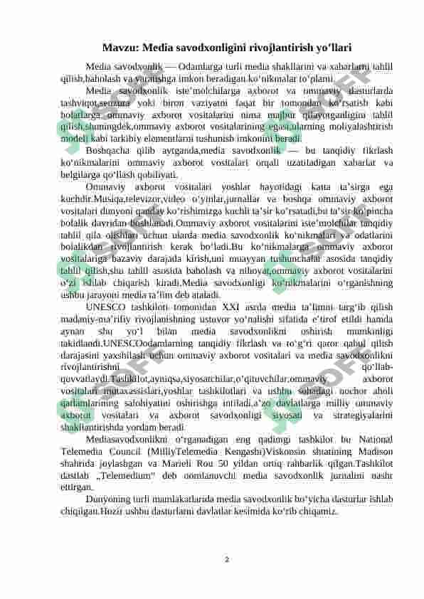 Media savodxonligini rivojlantirish yo’llari 2