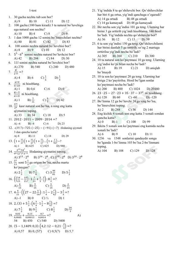 Matematik fanidan testlar 1