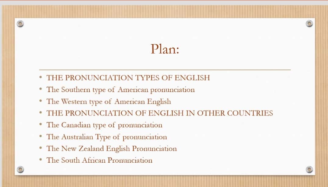The pronunciation types of English in the USA. The pronunciation of English in other English-speaking countries 1