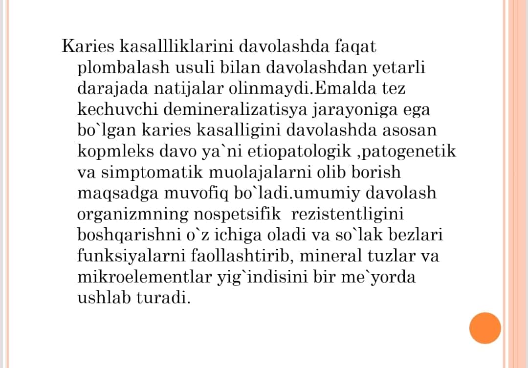 Boshlang’ich (oq dog') va yuza kariyesda endogen va ekzogen davolash usullari 1