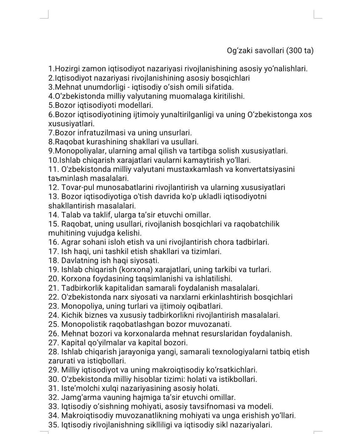 IQTISODIYOT NAZARIYASI” FANI BO‘YIChA  YAKUNIY NAZORAT SAVOLLARI 1