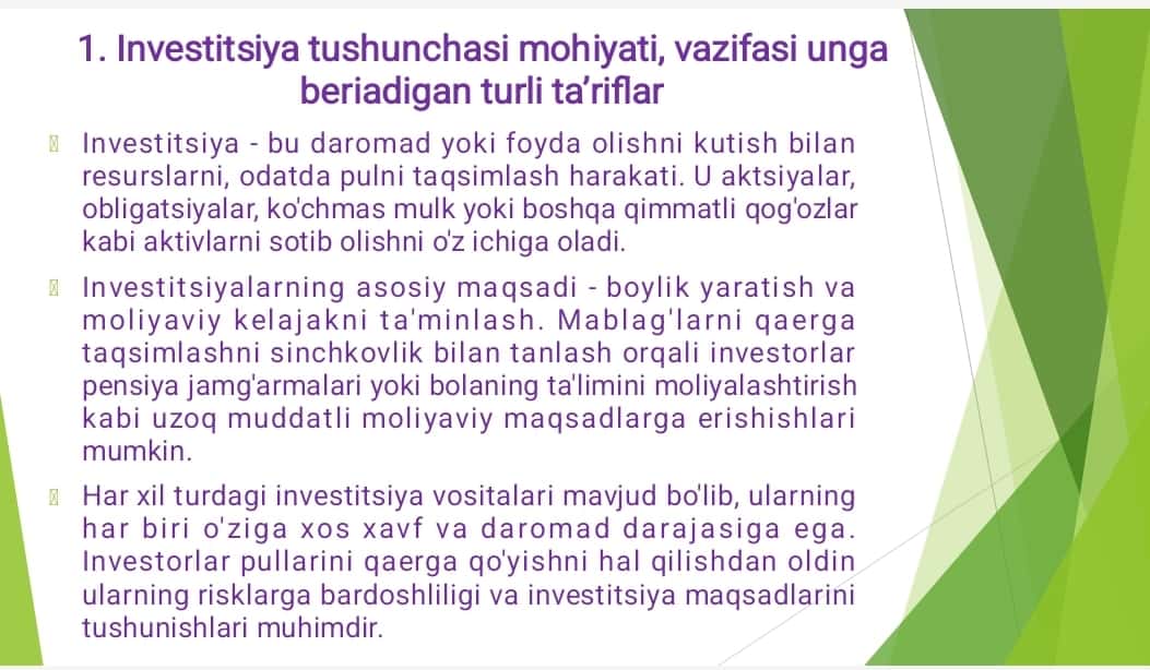 INVESTITSIYA TUSHUNCHASINING MAZMUNI VA UNGA BERILGAN TURLI TA’RIFLAR 1