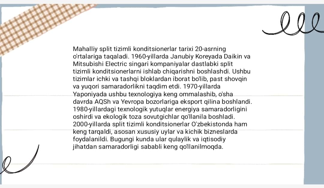 Mahalliy split tizimli konditsioner  konstruksiyalari va ishlash rejimi 1
