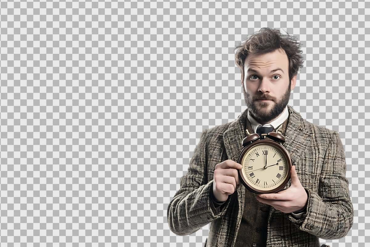 Shaffof fon budilnikli odam | Man with alarm clock transparent background 1