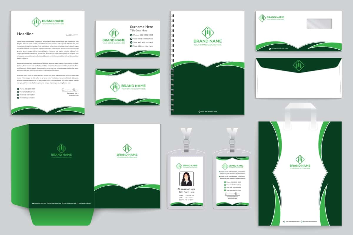 Kantselyariya buyumlari dizayni shabloni yashil rang | Stationery design template green color 1