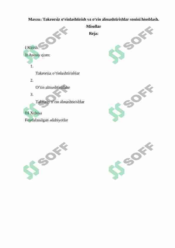 Takrorsiz o‘rinlashtirish va o‘rin almashtirishlar sonini hiosblash. Misollar 2