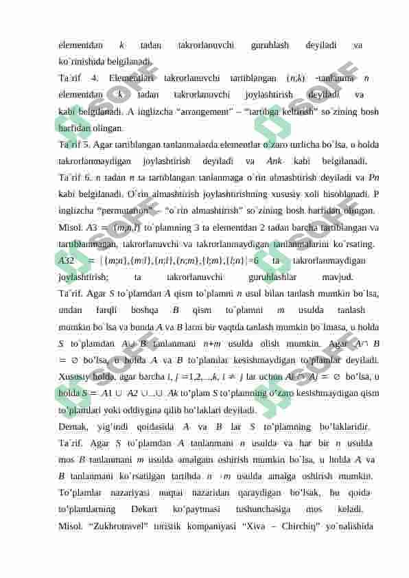 Takrorsiz o‘rinlashtirish va o‘rin almashtirishlar sonini hiosblash. Misollar 4
