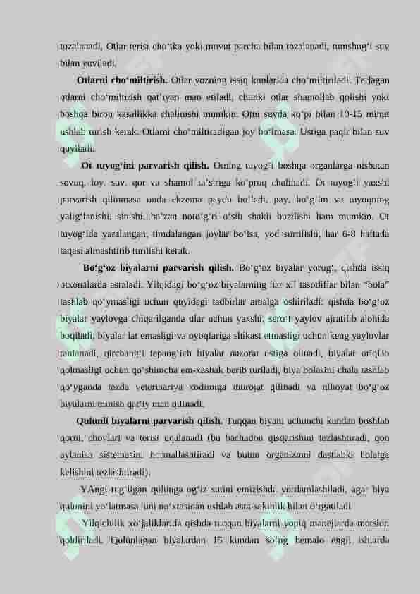 Ishchi otlarni  parvarishlash, oziqlantirish, so’g’orish va saqlash 2