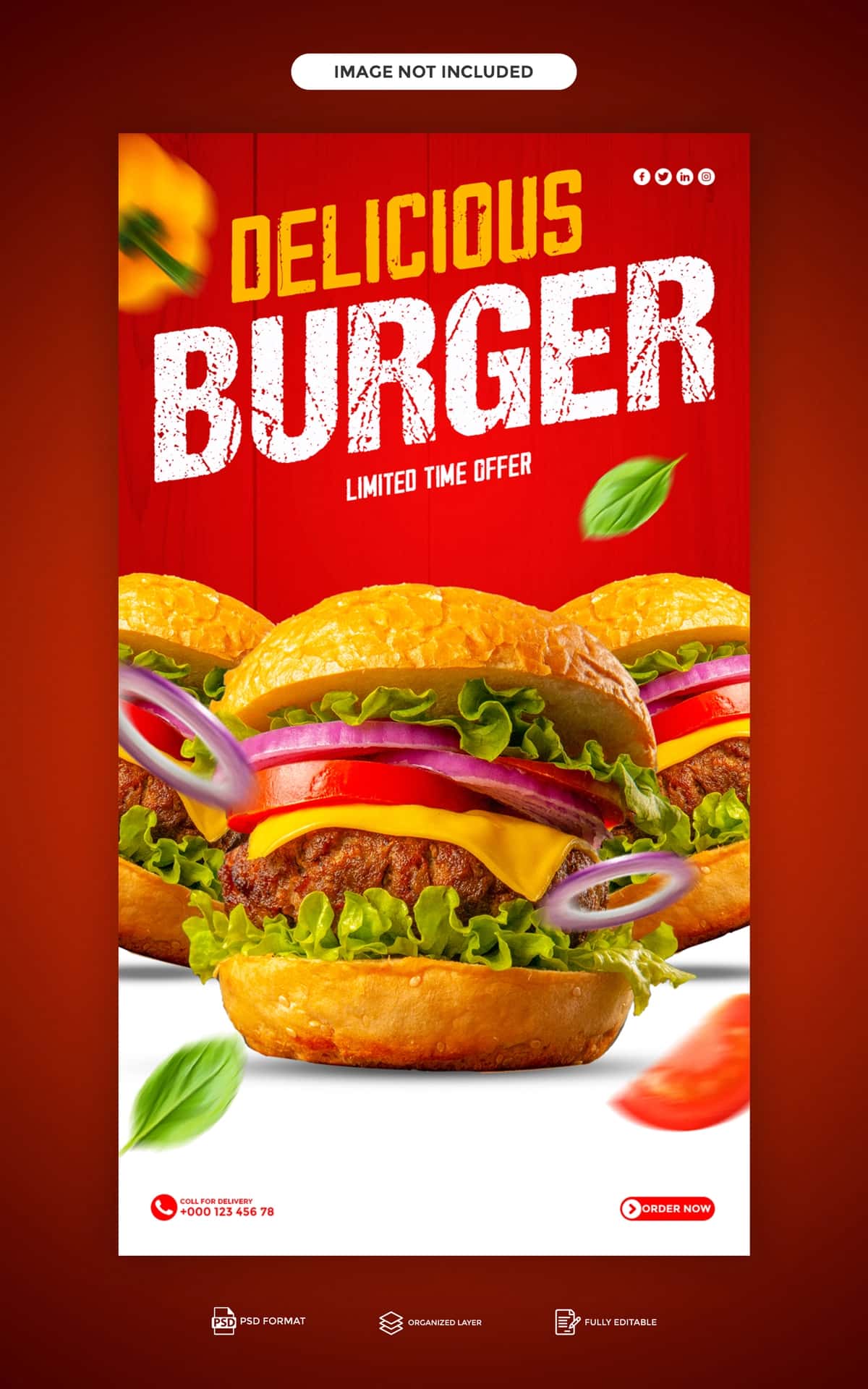 Psd mazali burger taomlari menyusi instagram facebook hikoyasi shabloni | Psd delicious burger food menu instagram facebook story template 1
