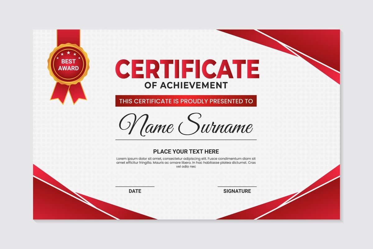 Zamonaviy qizil geometrik dizayn yutuqlari sertifikat shablon oq | Modern red geometric design achievement certificate template white 1
