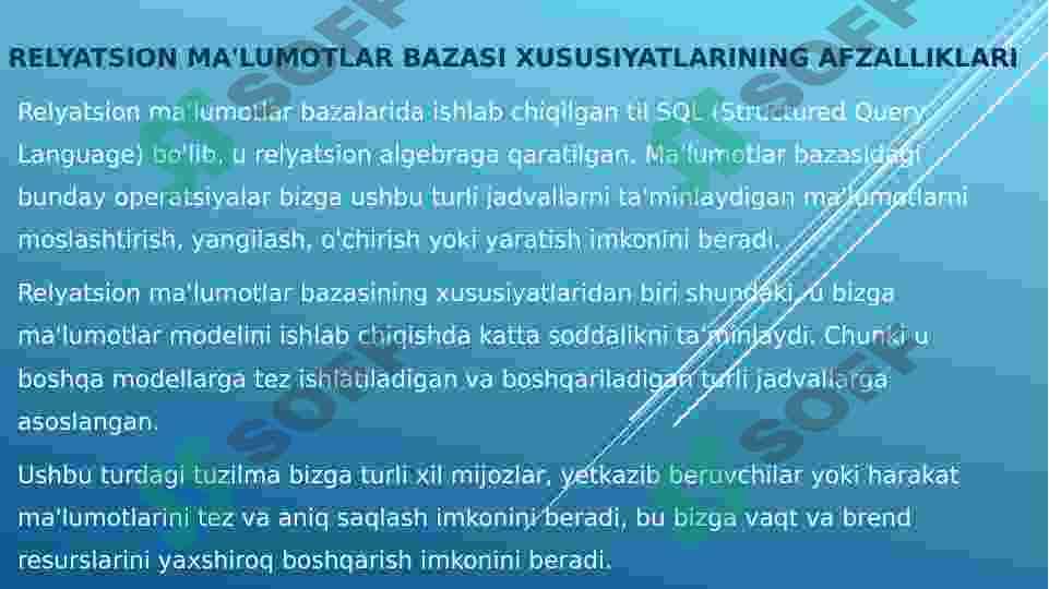RELYATSION MA’LUMOT MODELI. Ma’lumotlar bazasida munosabatlar 4