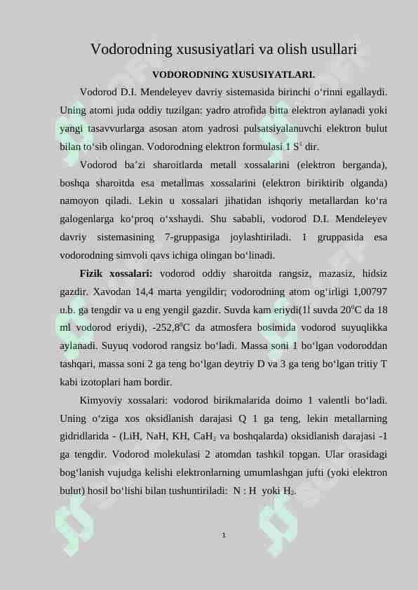Vodorodning xususiyatlari va olish usullari