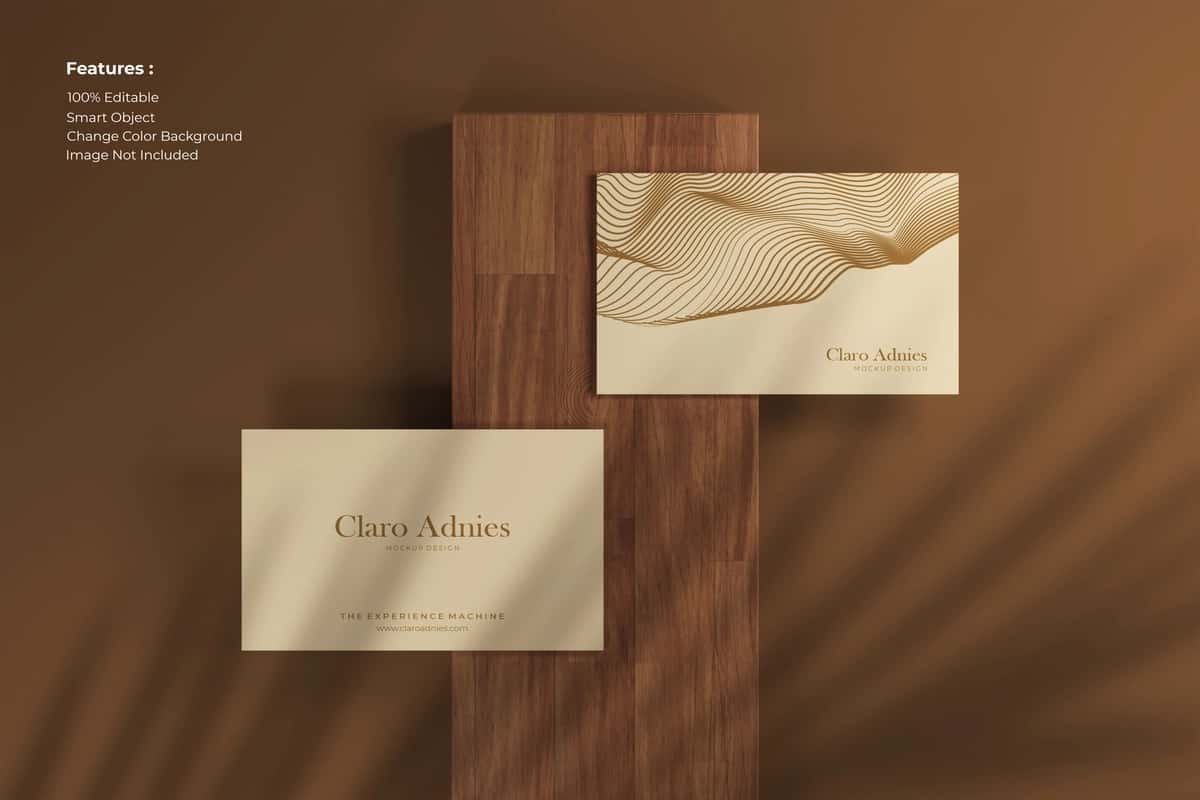 Yuqori ko'rinishdagi oqlangan tashrif qog'ozi maketi yog'och | Top view elegant business card mockup wood 1