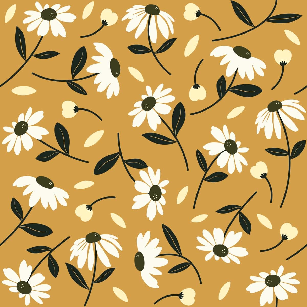 To'q yashil barglari yumshoq, to'q sariq ko'k bej rangli gullar bilan naqsh | Pattern with flowers orange blue beige with dark green leaves soft 1