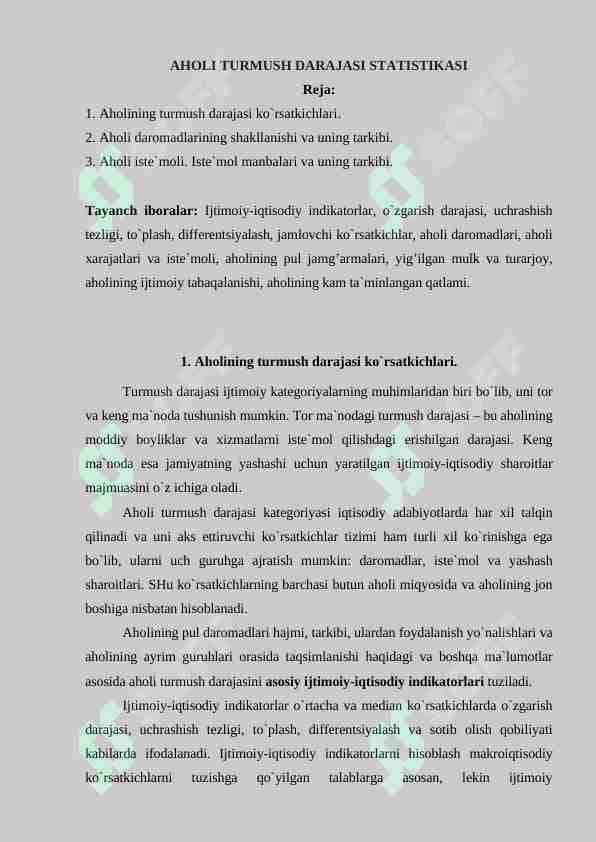 AHOLI TURMUSH DARAJASI STATISTIKASI