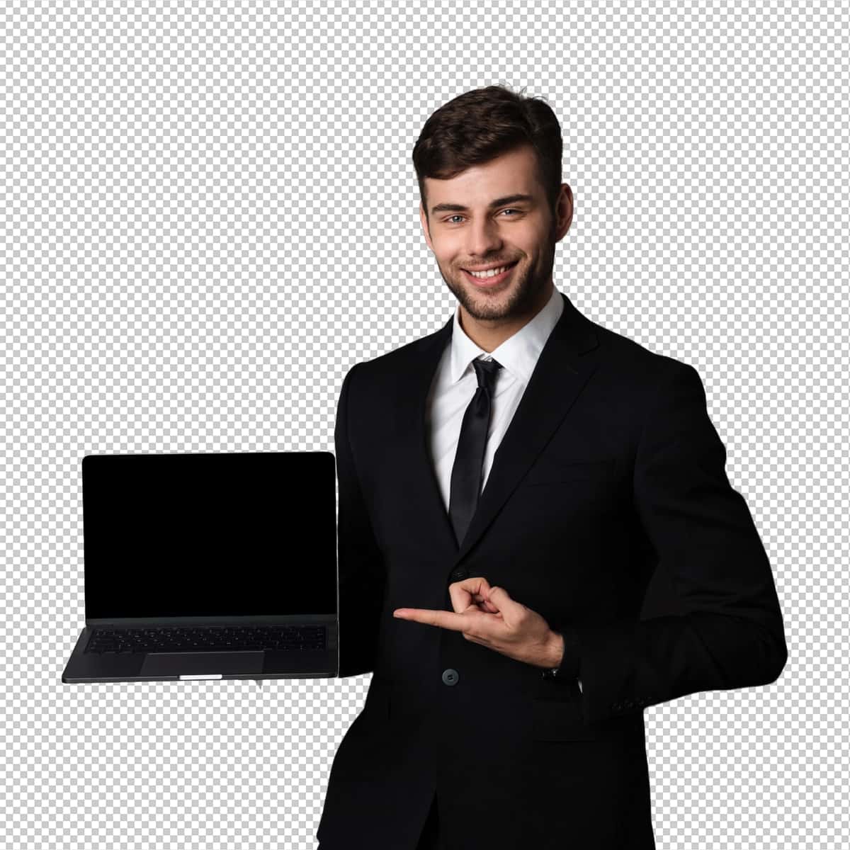 Quvnoq yosh ishbilarmon odam noutbuk kompyuterini ko'rsatmoqda | Cheerful young business man showing display laptop computer 1