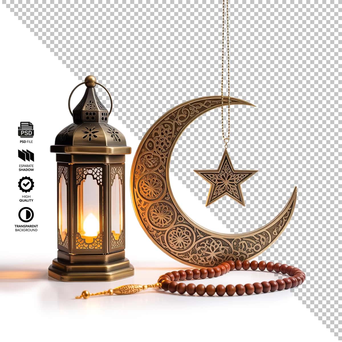 Psd oltin islomiy fonar hilol oy yulduz namozi ramazon | Psd golden islamic lantern crescent moon star prayer beads ramadan 1