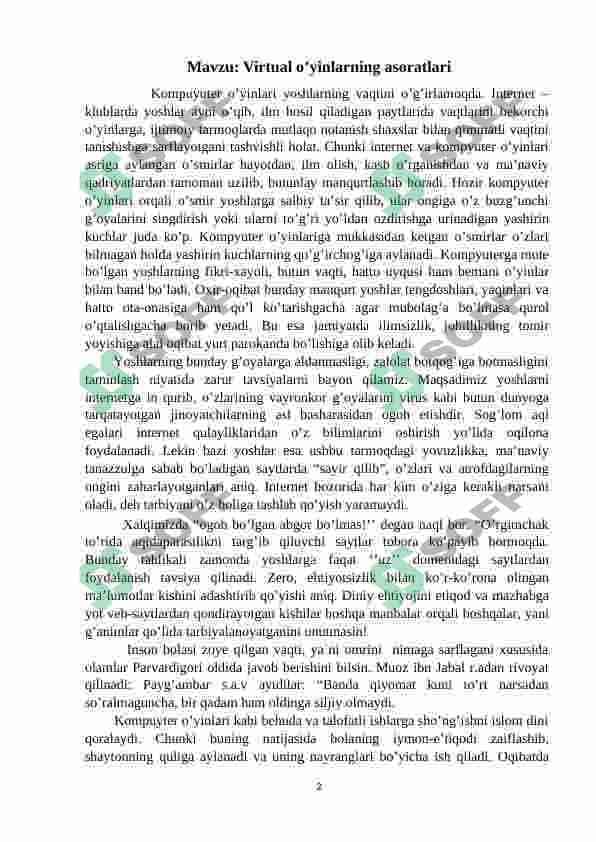 Virtual o’yinlarning asoratlari 2