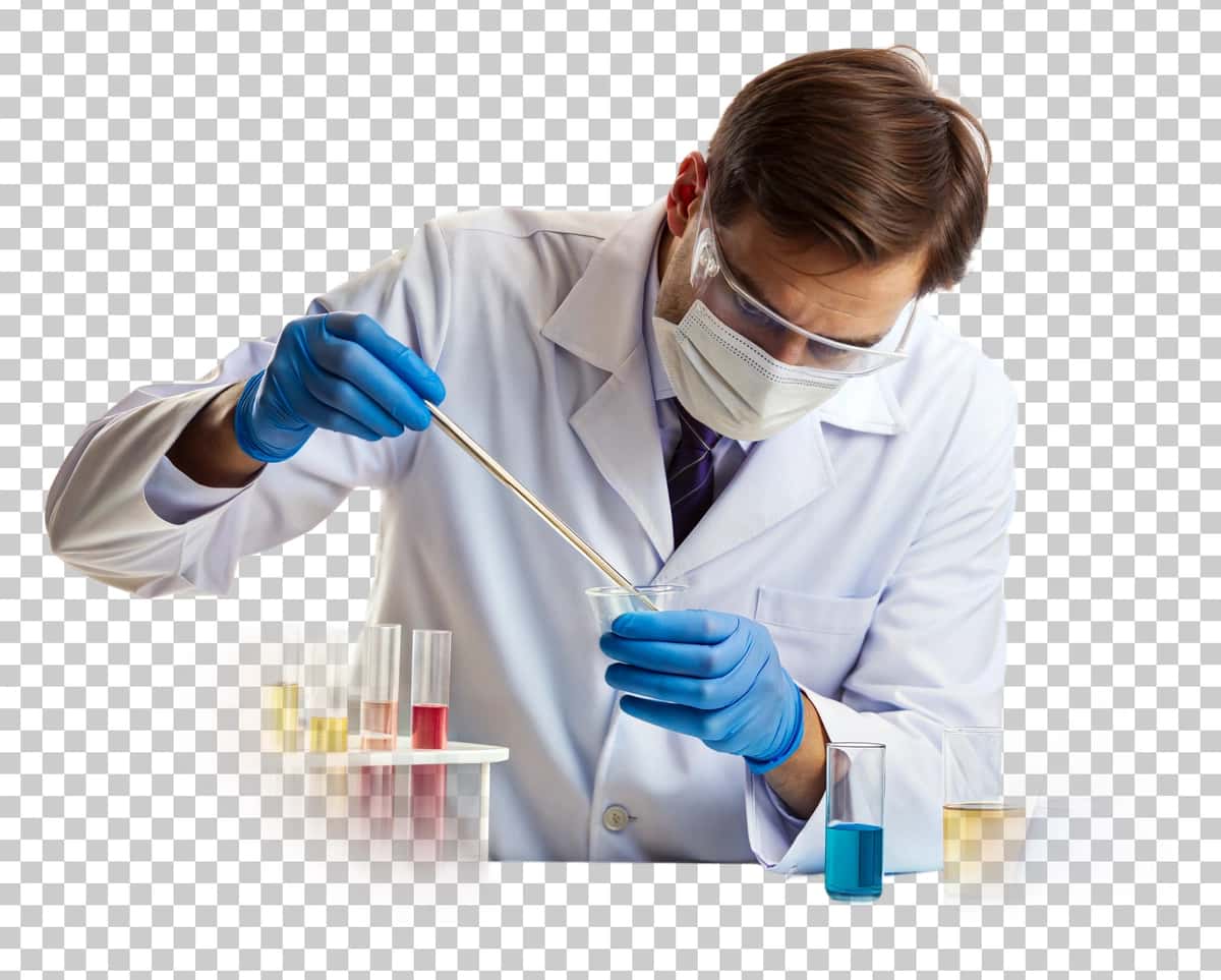 Olim laboratoriya shaffof fonida tajriba o'tkazmoqda | Scientist conducting experiments laboratory transparent background 1