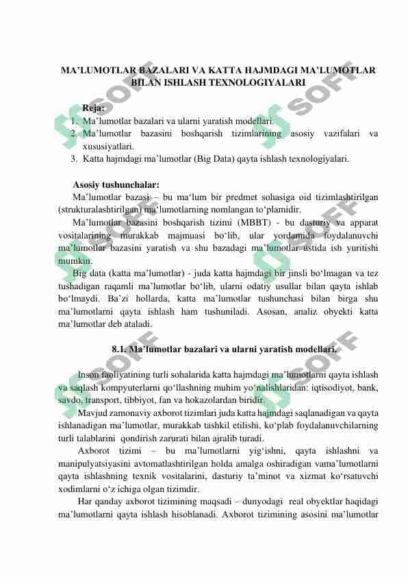 MA’LUMOTLAR BAZALARI VA KATTA HAJMDAGI MA’LUMOTLAR BILAN ISHLASH TEXNOLOGIYALARI