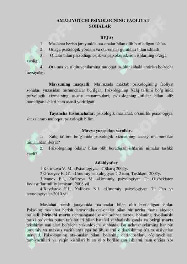 AMALIYOTCHI PSIXOLOGNING FAOLIYAT SOHALAR