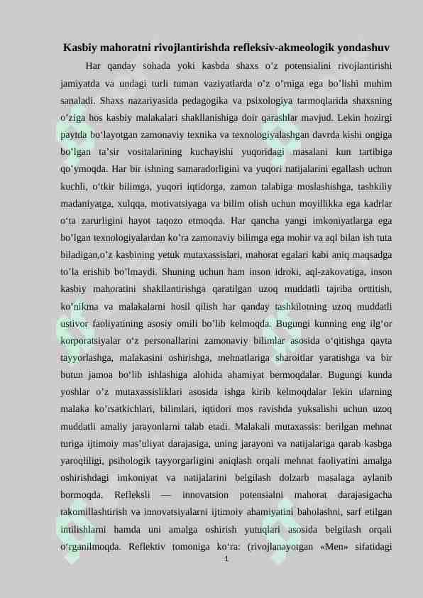 Kasbiy mahoratni rivojlantirishda refleksiv-akmeologik yondashuv